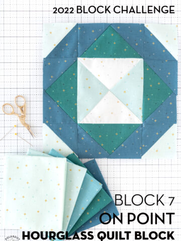 blue, jade and aqua quilt block on white cutting mat