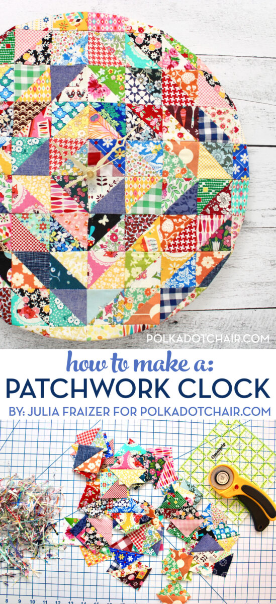 collage image of fabric and patchwork clock with text