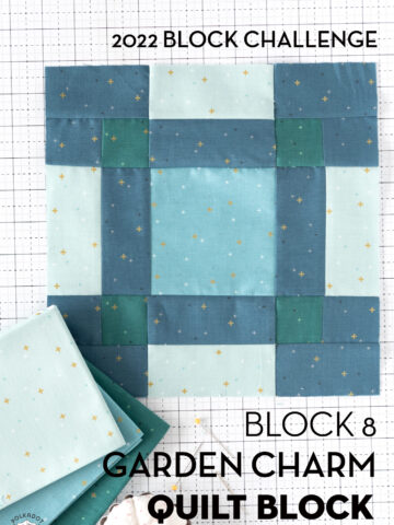 photo of aqua and blue quilt block on white cutting mat