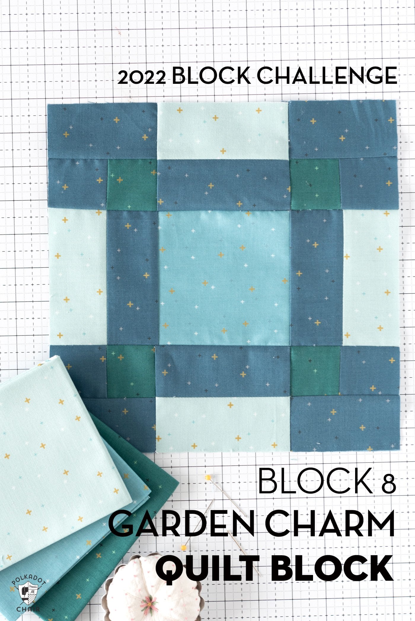 photo of aqua and blue quilt block on white cutting mat