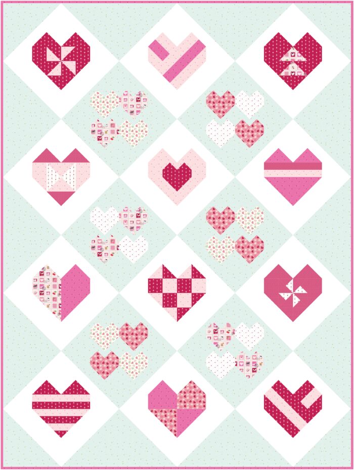 Illustration of a pink and blue heart quilt
