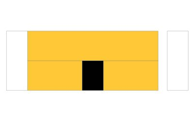 diagram of beehive quilt block construction steps; showing yellow and black fabric rectangles