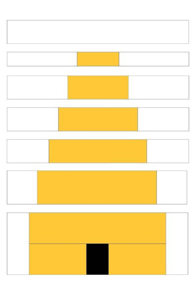 diagram of beehive quilt block construction steps; showing yellow and black fabric rectangles