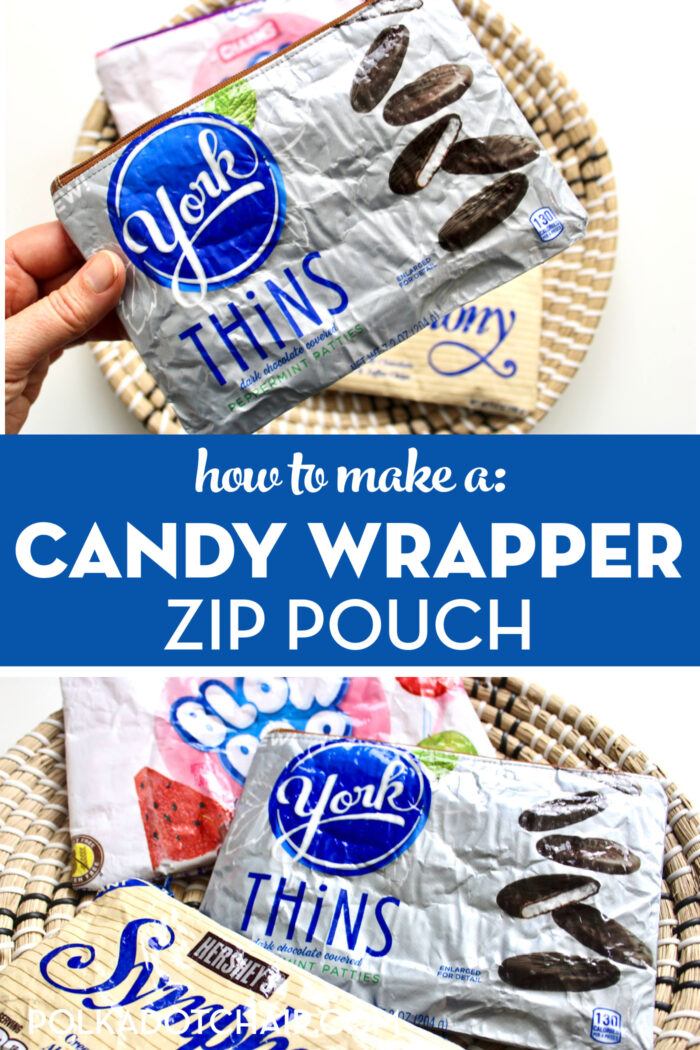 Upcycled M&M Candy Wrapper Zipper Pouch with White Zipper