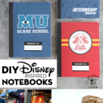 collage image of several disney inpsired notebooks on gray table