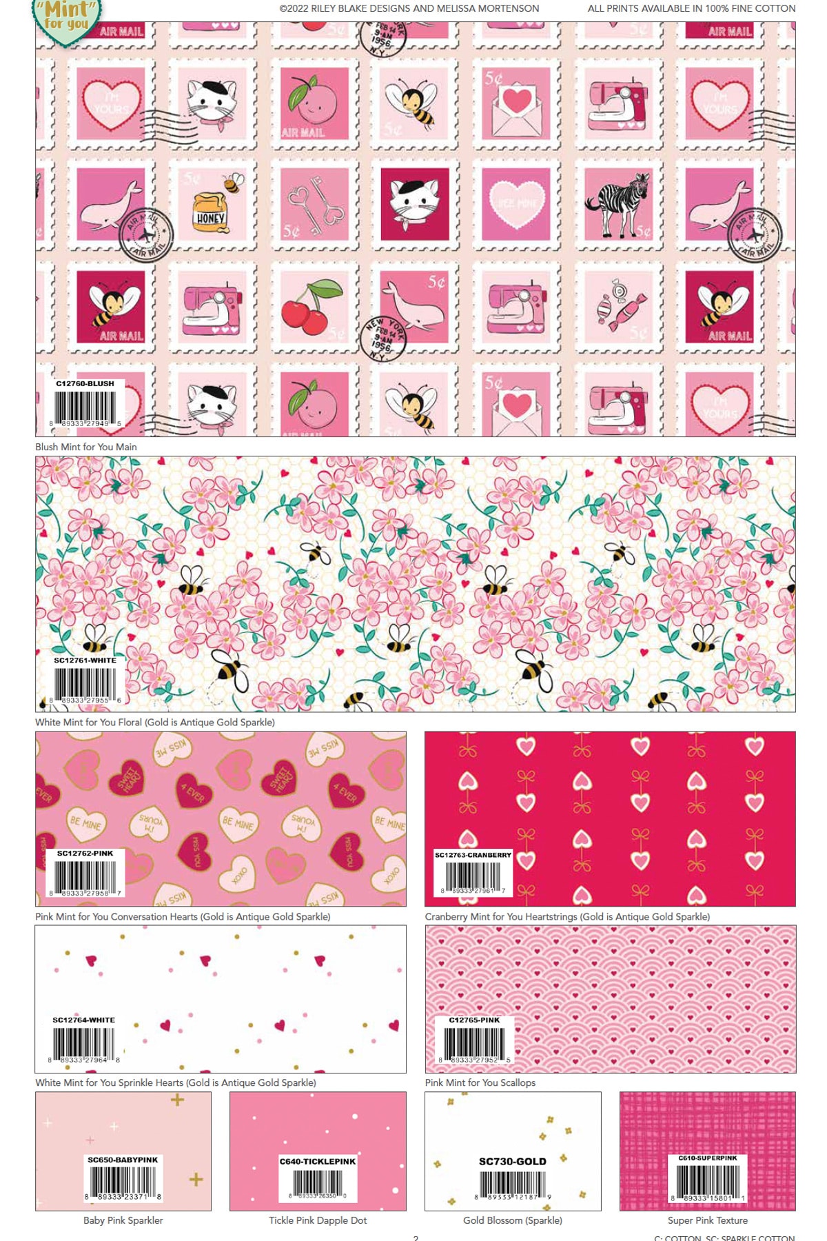 grid showing a variety of fabric prints in pink, mint and red