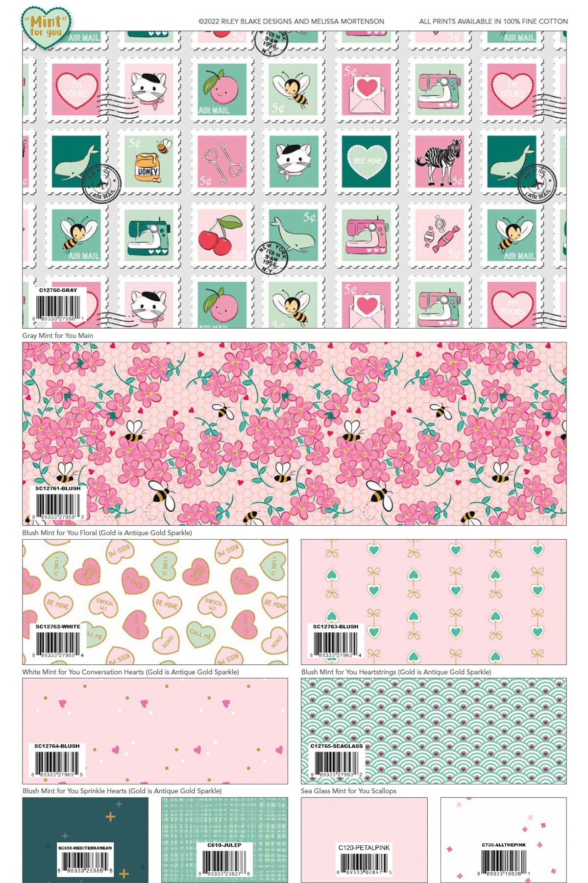 grid showing a variety of fabric prints in pink, mint and red