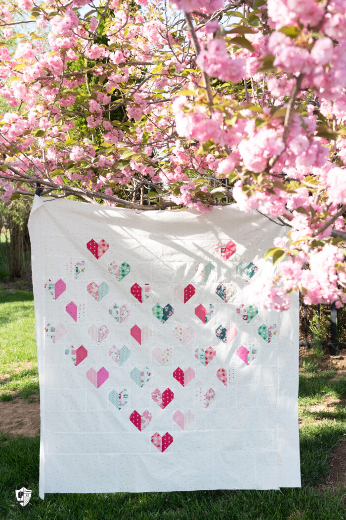 white quilt with hearts hanging on flowering tree outdoors