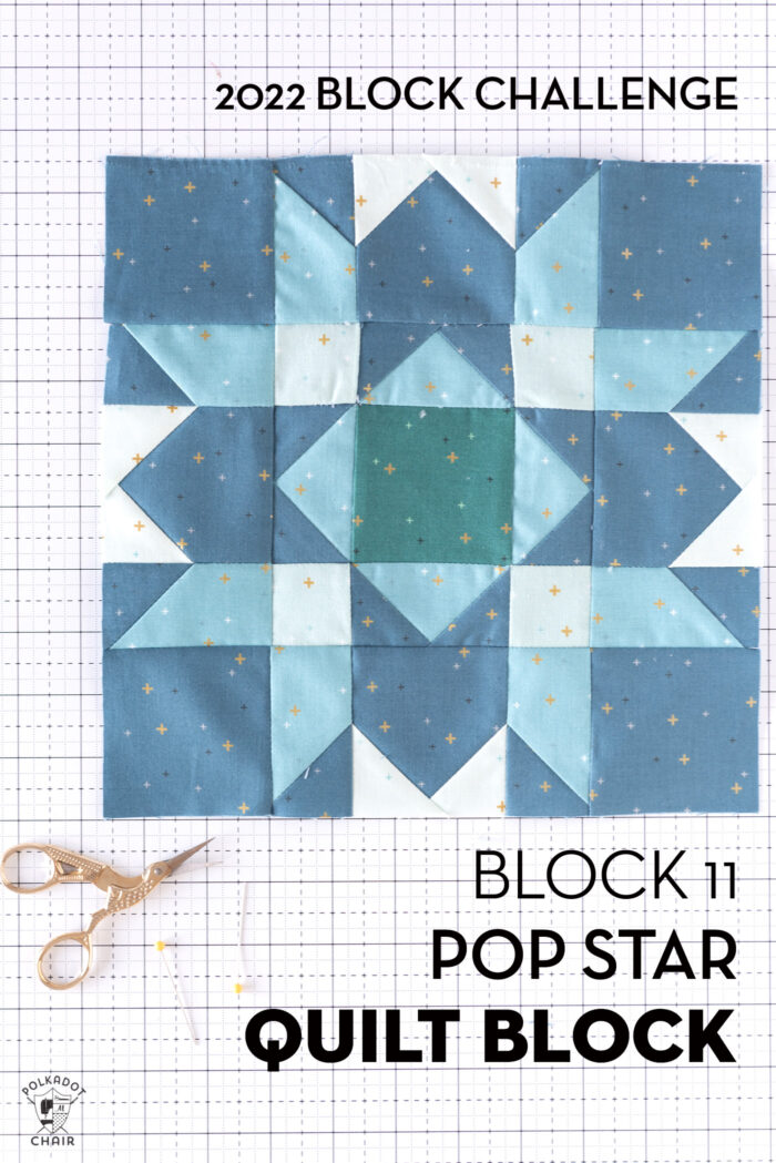 Blue, aqua and white quilt block on white cutting mat with scissors