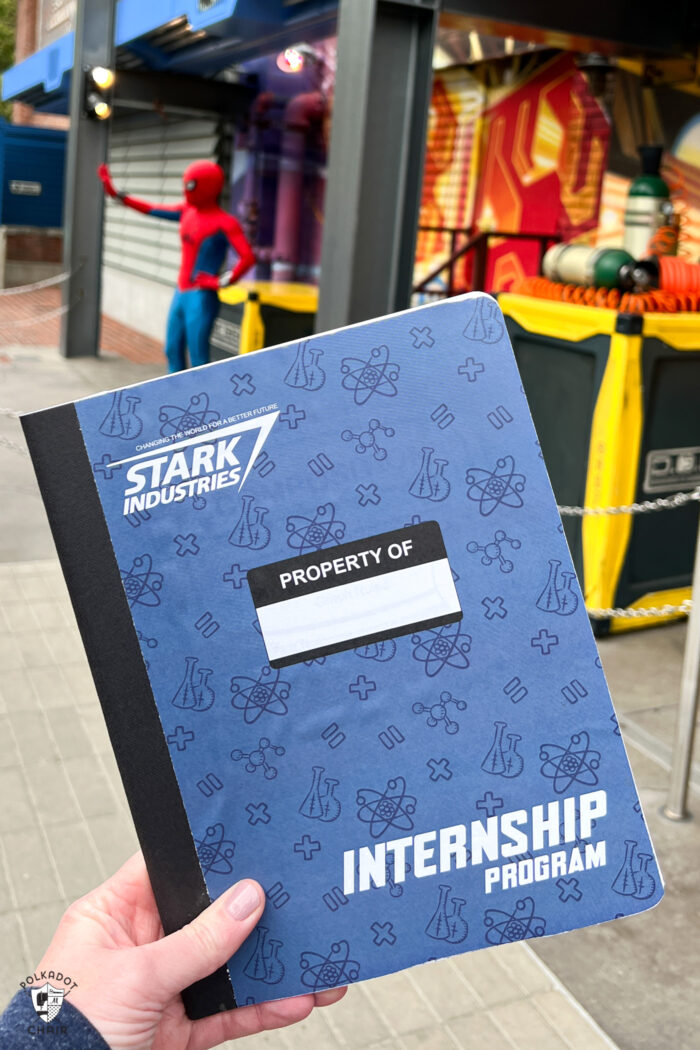 close up of Stark notebook in front of scene at Disneyland