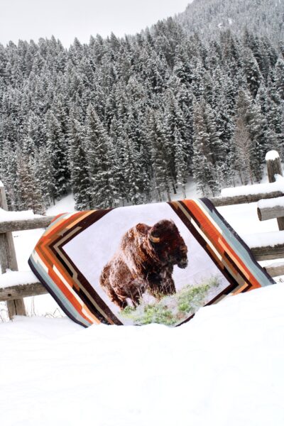 Buffalo quilt on fence outdoors in snow