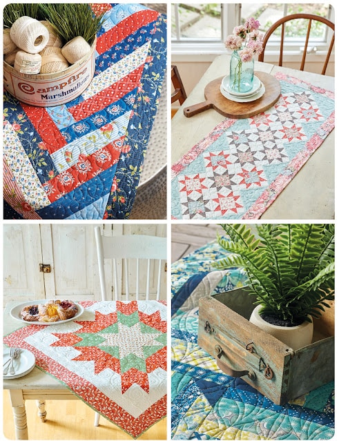 Collage image with 4 different quilted table toppers