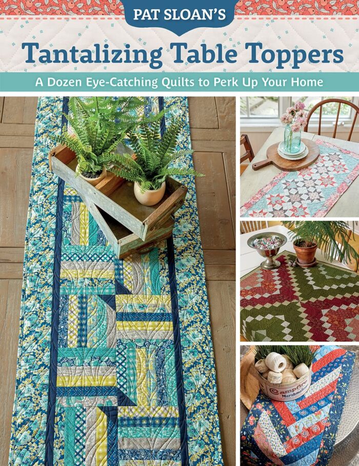 Cover of the tantalizing table toppers book. Features 4 quilted table runners in a collage image.