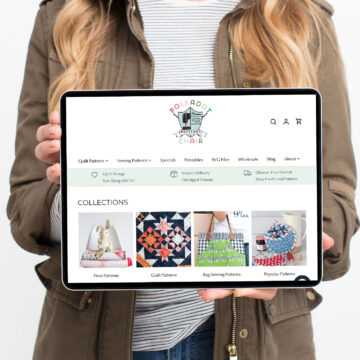 woman holding ipad with shop image