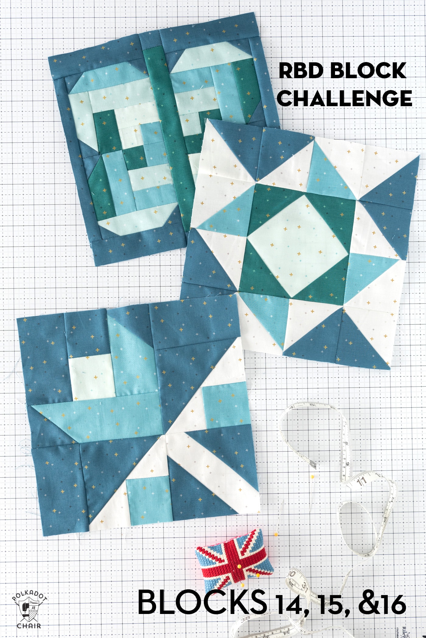 3 aqua, blue and green quilt block on white cutting mat with notions