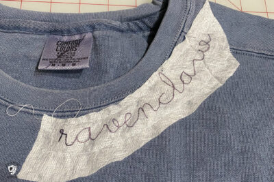 hand written word on interfacing on sweatshirt
