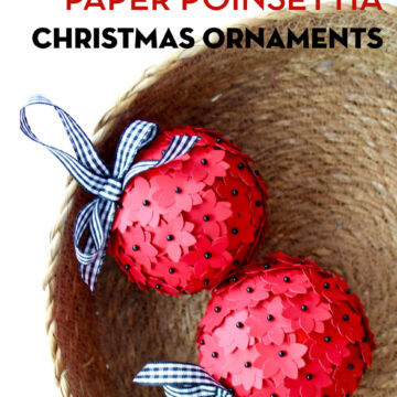 image of red christmas ornaments in straw bowl