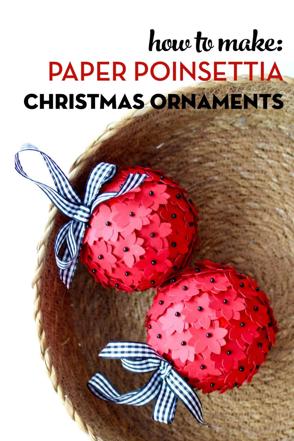 image of red christmas ornaments in straw bowl