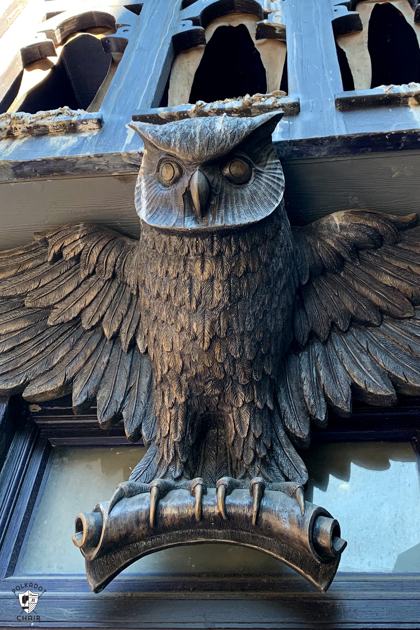 close up image of a carved owl and universal studios florida
