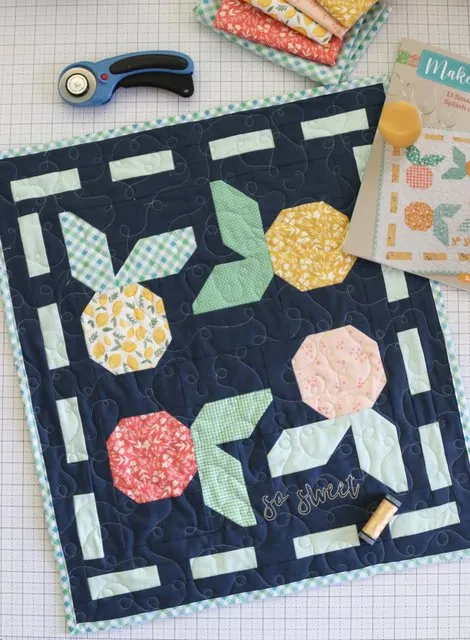 Mini quilt with navy fabric background