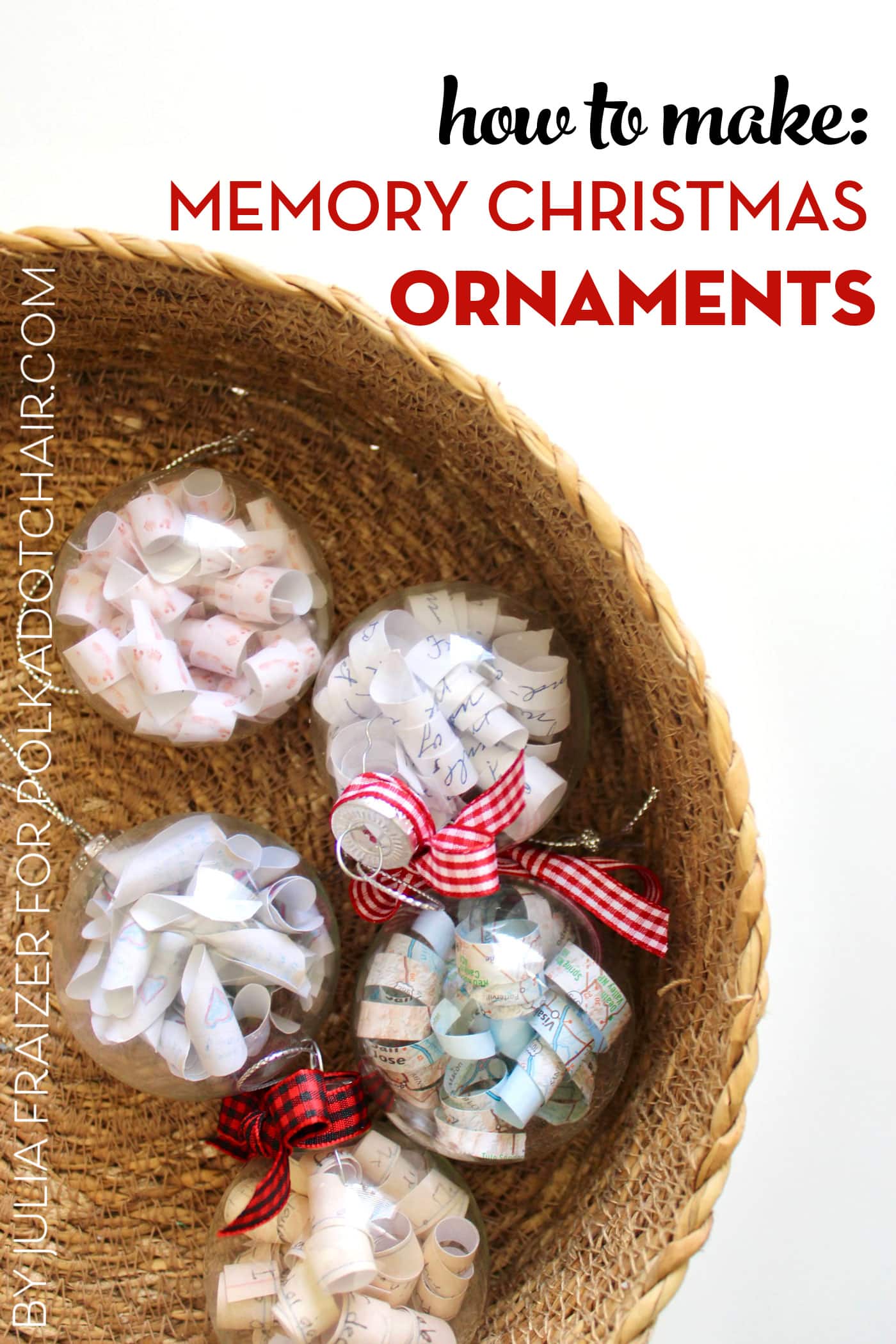 Paper curled clear Christmas ornaments in straw basket