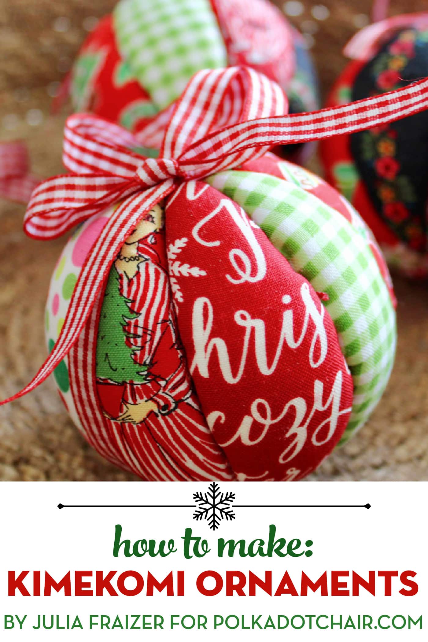 red, white and green fabric christmas ornament with bow in basket