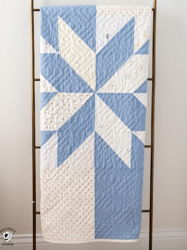 blue and white star baby quilt on quilt rack in white room