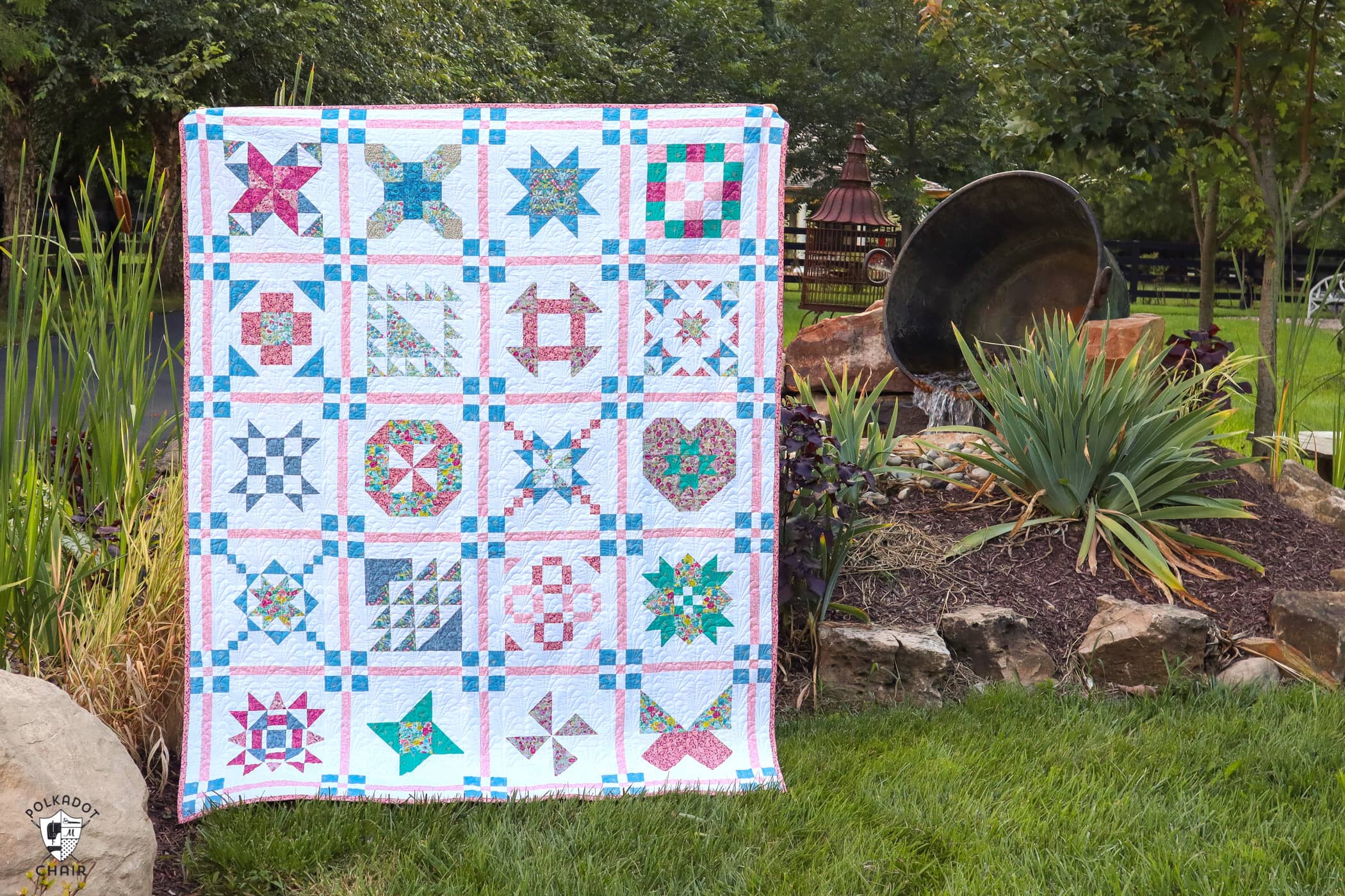 coloful quilt photographed outdoors