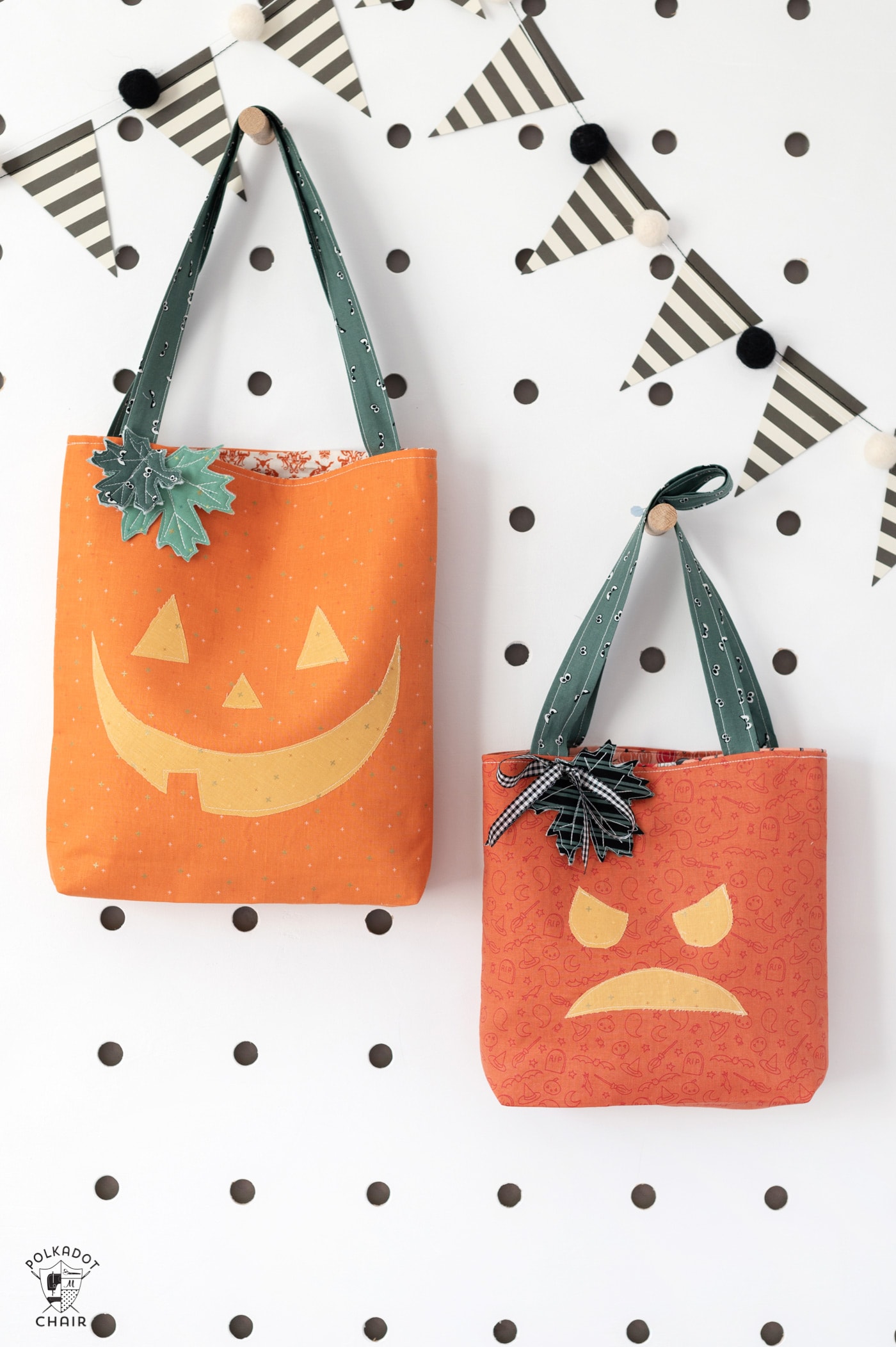 trick or treat tote bags hanging on peg rack