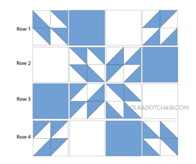 blue and white quilt block illustration; triangles and squares