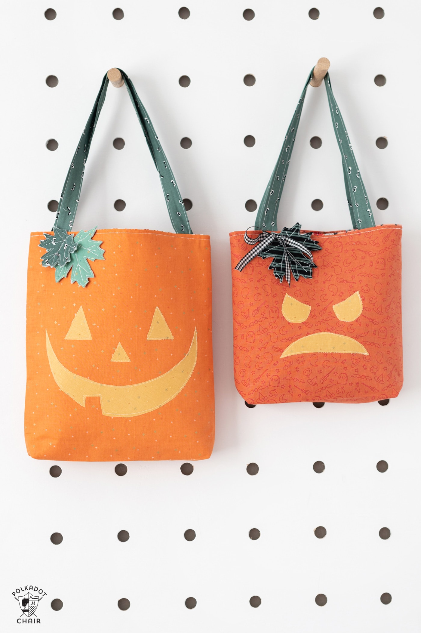 trick or treat tote bags hanging on peg rack