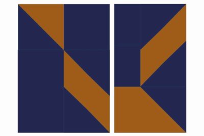 quilt assembly diagram step, geometric shape with navy and copper squares and triangles