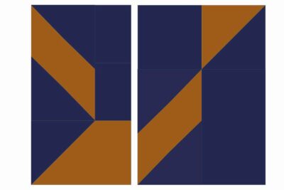 quilt assembly diagram step, geometric shape with navy and copper squares and triangles