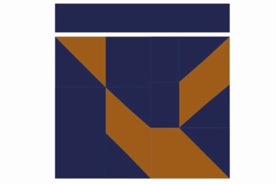 quilt assembly diagram step, geometric shape with navy and copper squares and triangles