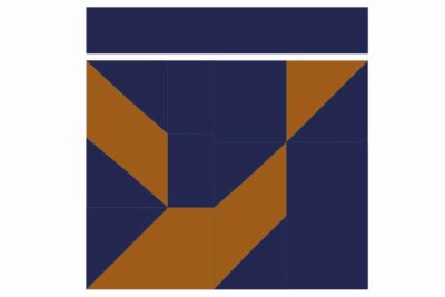 quilt assembly diagram step, geometric shape with navy and copper squares and triangles