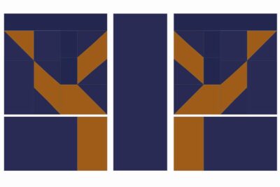 quilt assembly diagram step, geometric shape with navy and copper squares and triangles