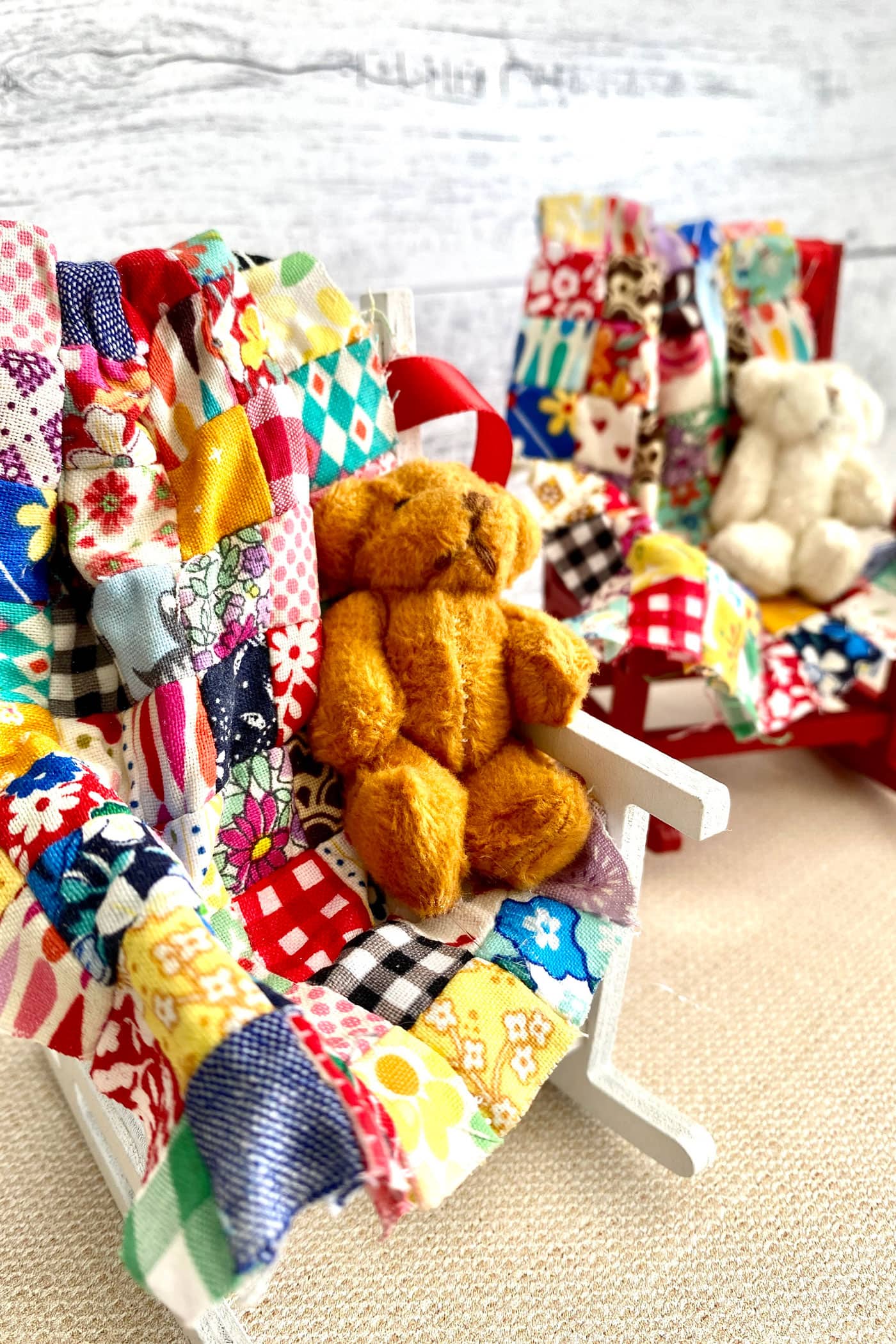 photo of miniature quilt with teddy bear