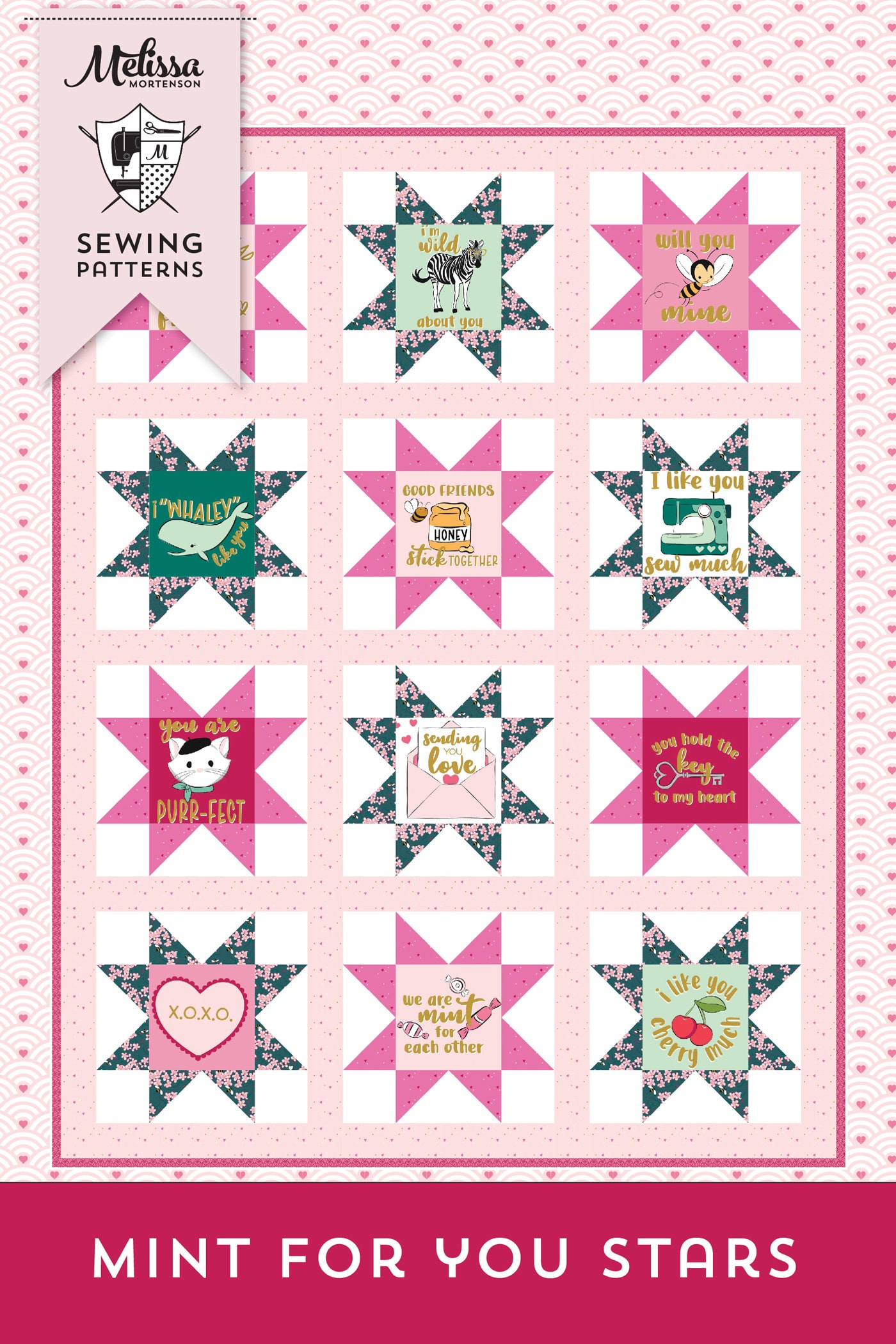 illustration of a sawtooth star quilt in pinks and teals