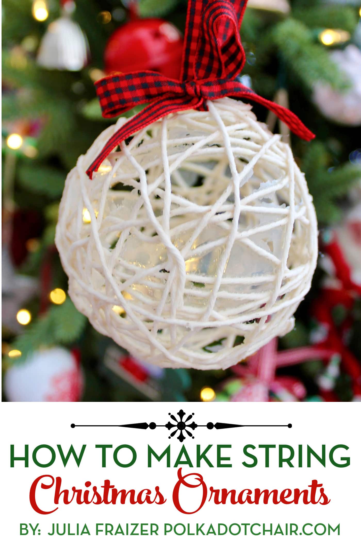 close up of string christmas ornament on tree