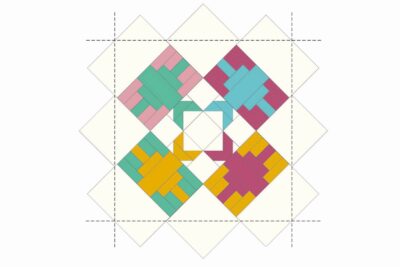 quilt illustration with squares and rectangles in yellow, pink and blue