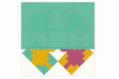 quilt illustration with squares and rectangles in yellow, pink and blue