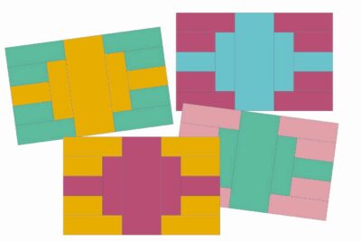 quilt illustration with squares and rectangles in yellow, pink and blue