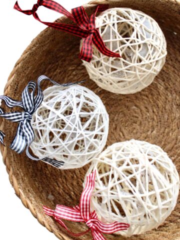 basket of string christmas ornaments
