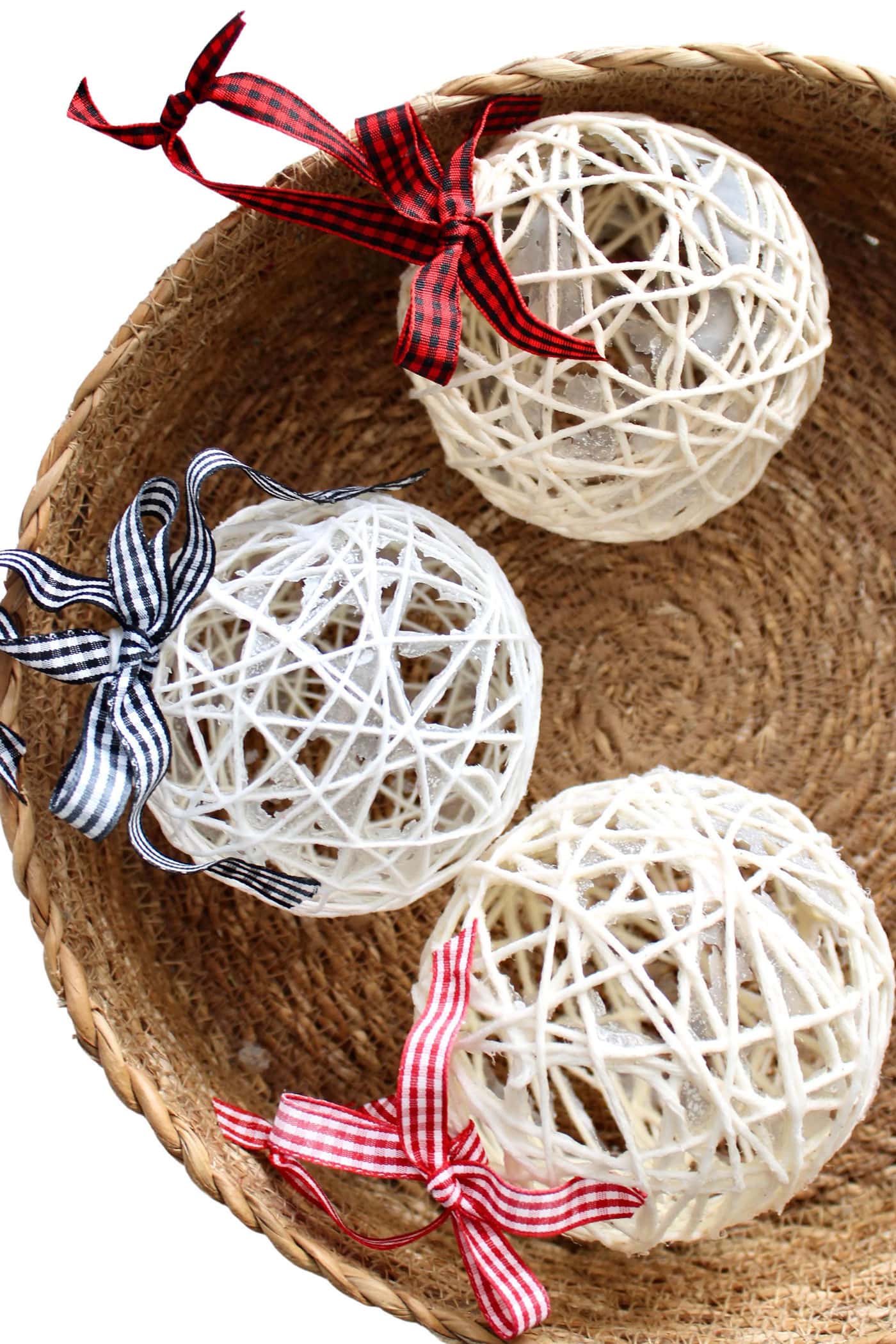 basket of string christmas ornaments