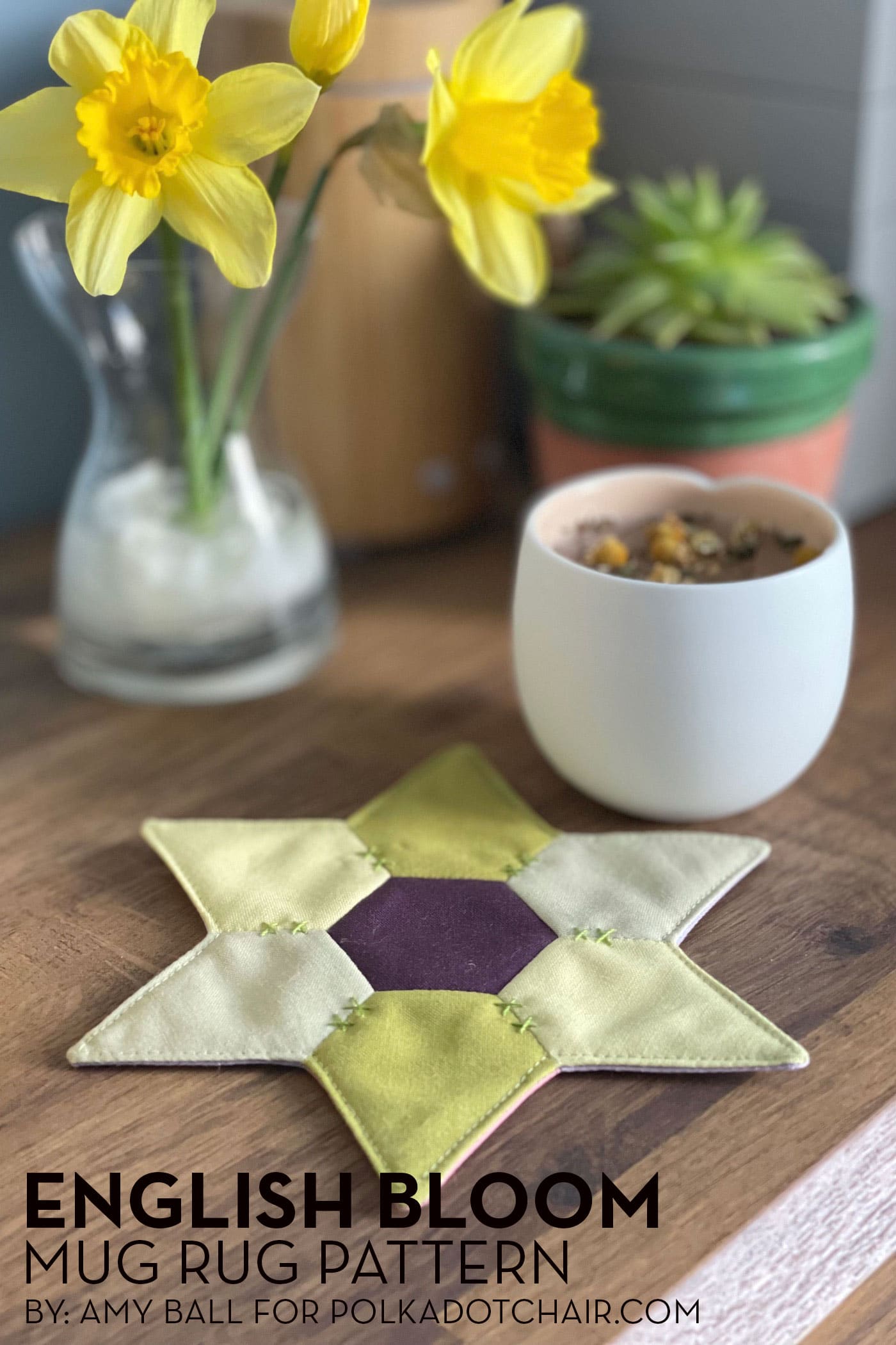 star shaped mug rug with flowers and cup on wood table