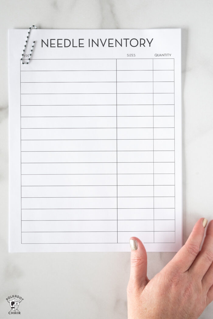 printout of needle storage sheet on white table