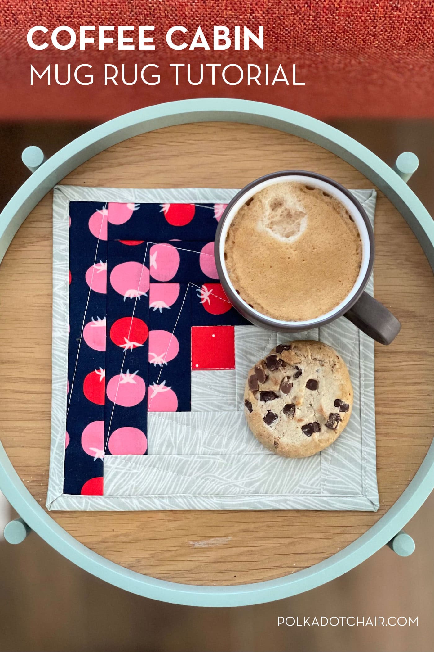 navy and ivory log cabin mug rug on wood tray with coffee and cookie