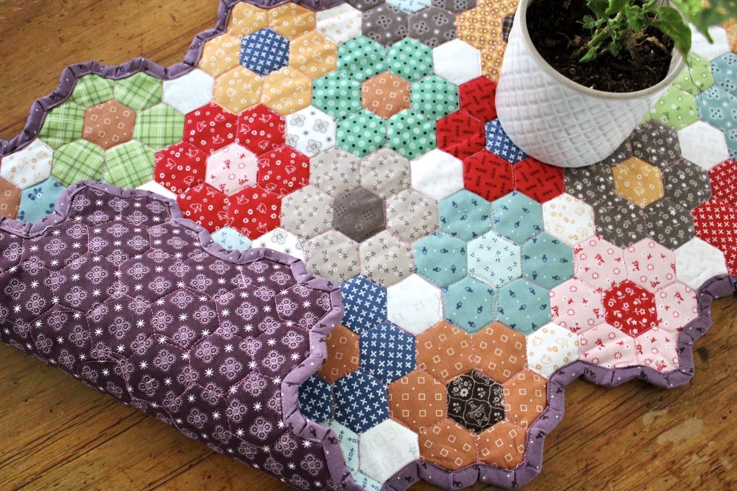 colorful hexagon table runner on wood table