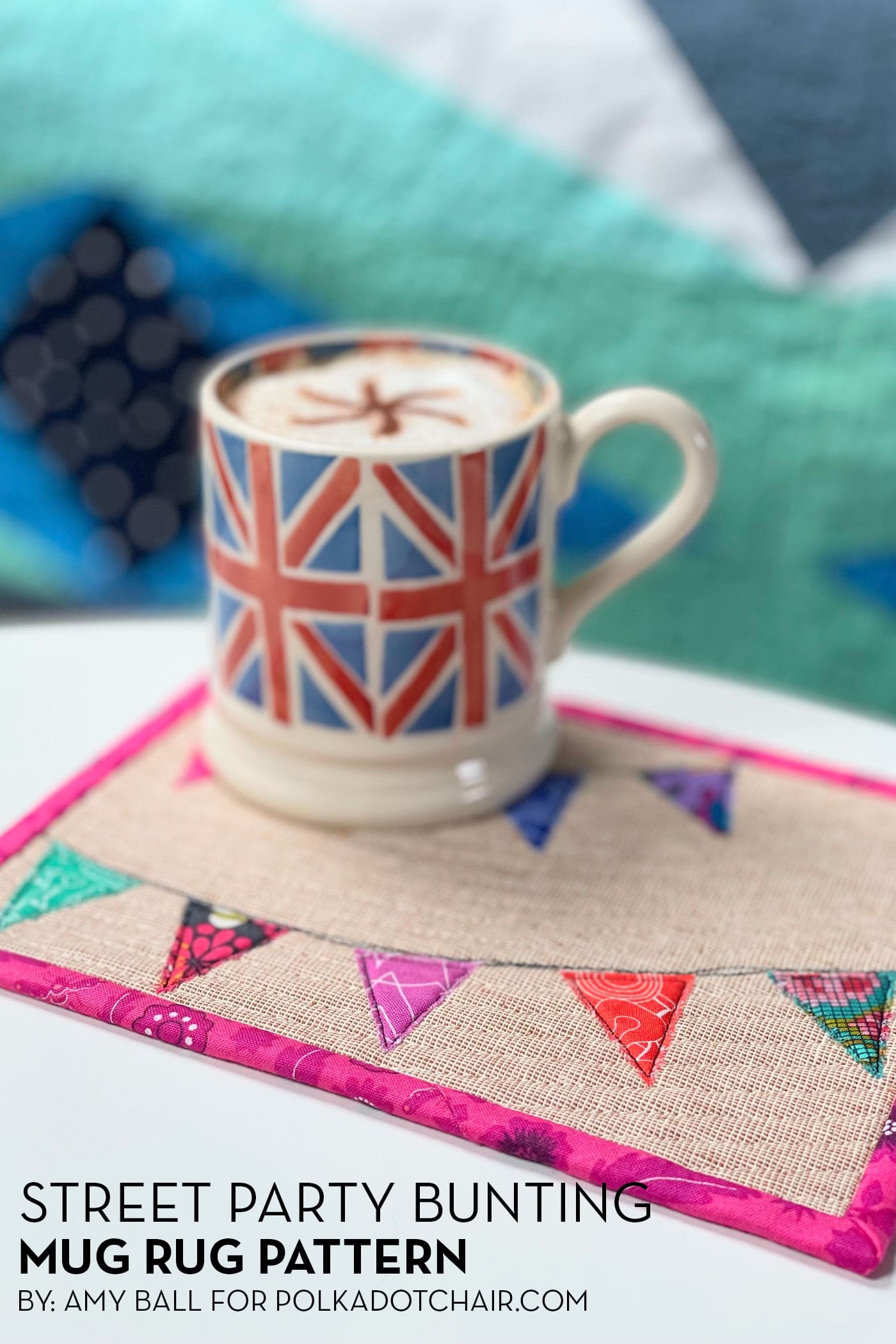 colorful mug rug and union jack mug on white tabletop