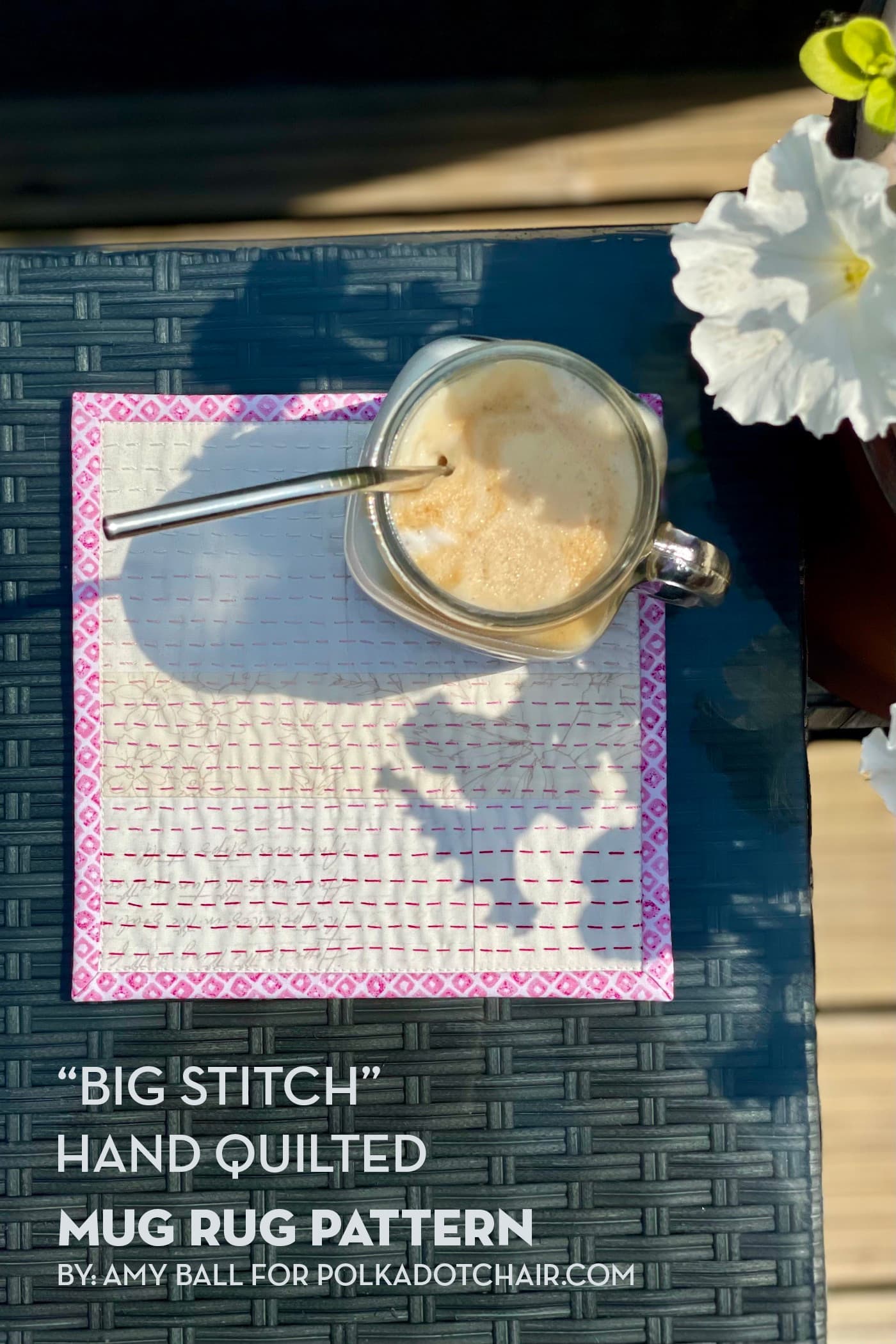 iced coffee on cream and pink mug rug